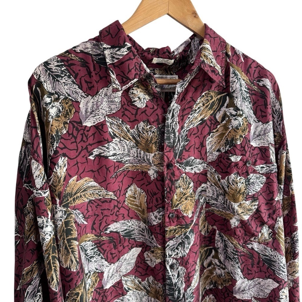 Vintage 80s 90s Dress Shirt 100% Silk Mens XL Maroon Floral Button Front VGUC